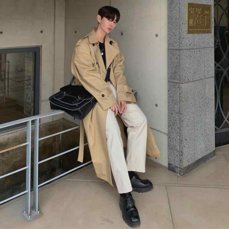 メンズ トレンチコート ダブル前胸部 ロング丈 膝下 心地好い アウター 韓国表現スタイル 秋用 今めかしい ミディアムロング 流行り物 厚地の外套