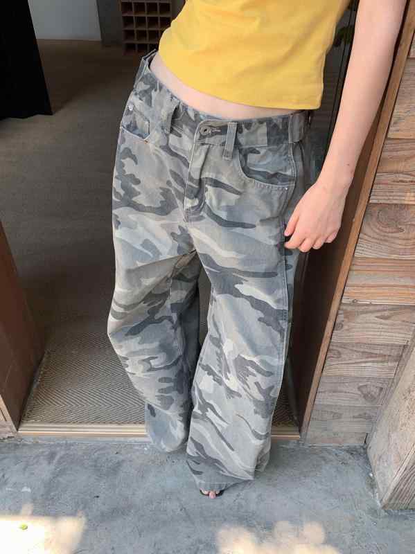 パンツ レディース カモフラ柄 デニム ワイドレッグ ストレート ロング アメリカンスタイル 夏用 カジュアル 普段使い 個性的