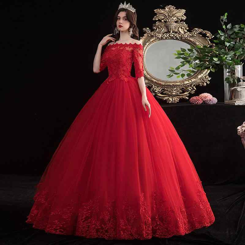 ウェディングドレス 赤 ボートネック Aライン プリンセスライン シンプル 春夏 花嫁用 膝丈 スリムシルエット ミドルウエスト 軽量素材 通気性 伸縮性 フォーマル 結婚式 パーティー ドレス