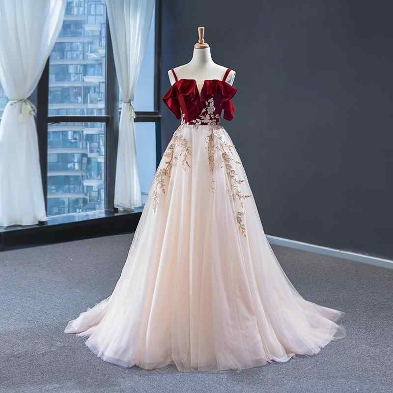 レディース パーティードレス 結婚式 敬酒用 プリンセススカート ストラップ 森ガール フェミニン エレガント ワインレッド ガーリー イブニング ウェディング フォーマル