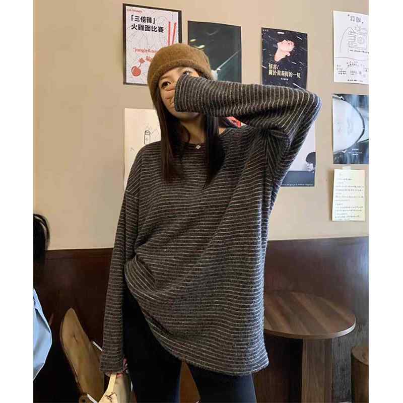 トップス レディース 秋冬 ストライプ 丸首 長袖 ゆったり ロング丈 フェイクファー インナー アウター 韓国 暖か コットン混 レイヤード 普段使い