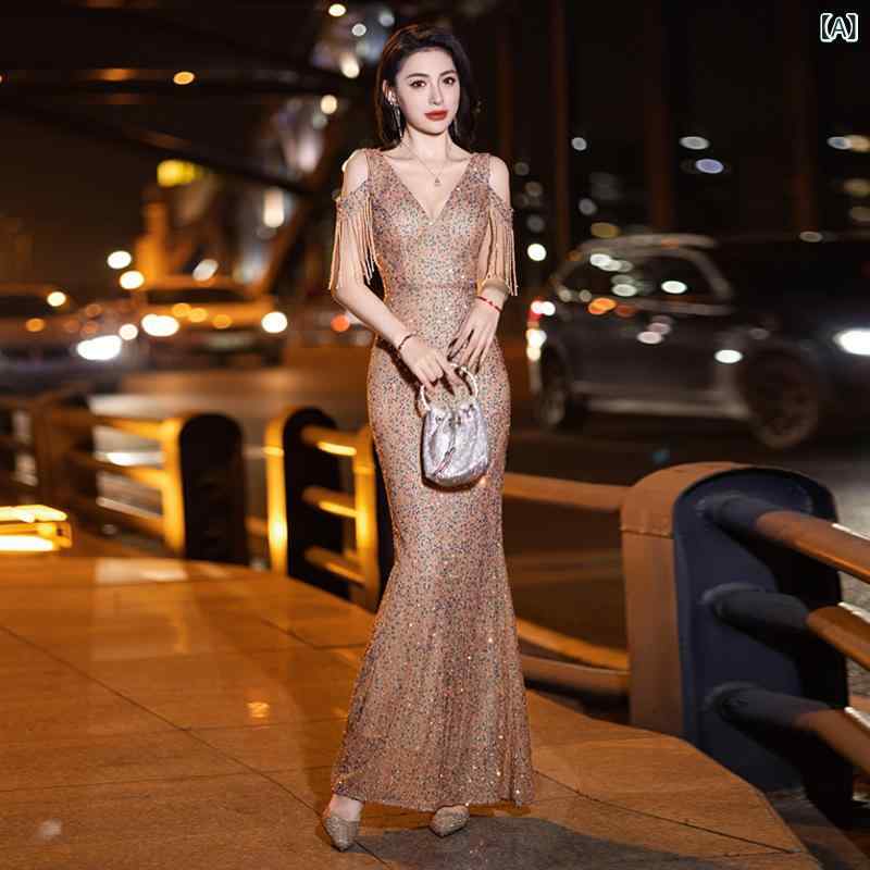 パーティードレス 女性用 高級感 気質 シンプル スパンコール フリンジ ロング丈 エレガント フォーマル ディナー 宴会用