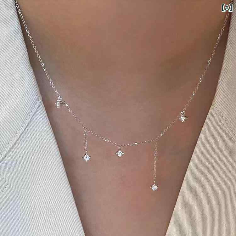 ネックレス レディース 夏 シンプル 星河 ジルコニア フリンジ 水滴型 純銀 ペンダント 細鎖骨チェーン 女性用 日常使い 軽量 シルバーアクセサリー