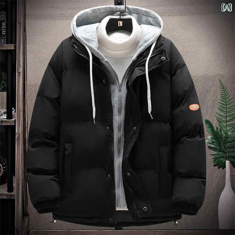 メンズ 秋冬 綿入れ ジャケット フード付き 偽ツーピース 厚手 大きめサイズ コントラストカラー ストリートスタイル 学生用 カップル マッチング 百搭 軽量 吸湿速乾