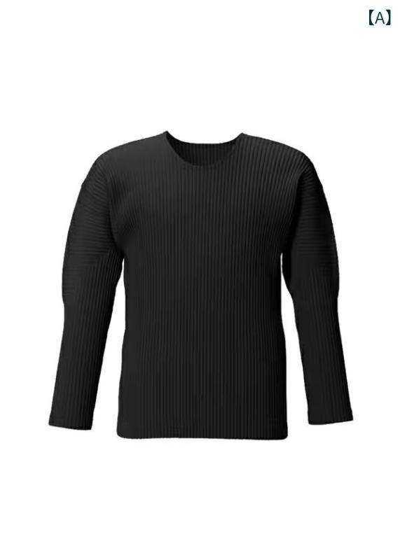 メンズ 秋冬 長袖 Tシャツ プリーツ ラウンドネック ゆったり シルエット カジュアル トップス クラシック スタイル デイリー ウェア
