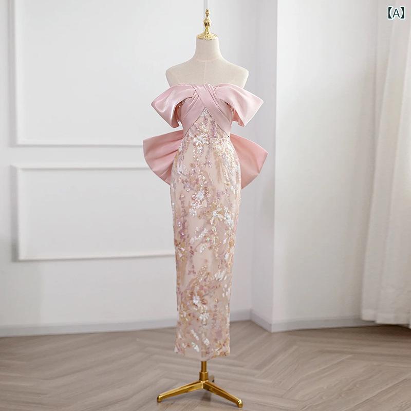 レディース ワンピース オフショルダー ピンク パーティー イブニングドレス スパンコール スリムフィット 婚約式用 新婦 敬酒ドレス エレガント ボディコン ライン フォーマル スタイル｜LAONsChoice