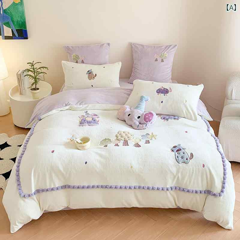 子供用 女の子 ベッドカバーセット プリンセス かわいいカートゥーン柄 冬用 再生繊維 厚手 珊瑚絨 四点セット 掛け布団カバー シーツ 枕カバー 暖か素材 柔らかい肌触り 寝室用品｜LAONsChoice