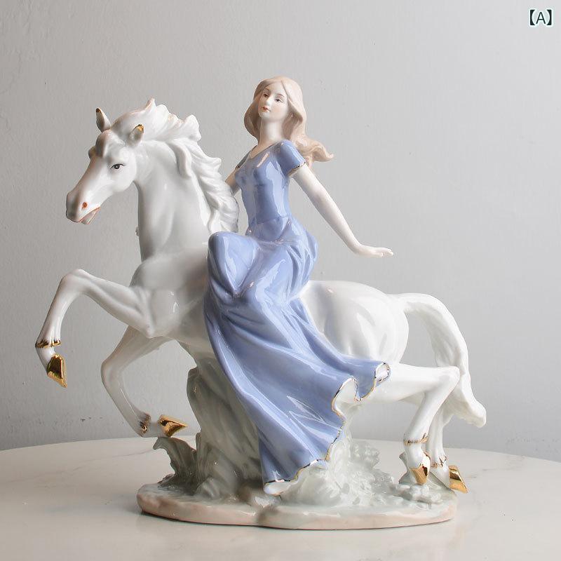 工芸品 陶器製 ヨーロッパ 西洋少女 馬乗り モチーフ リビングルーム 装飾 インテリア ディスプレイ 家具飾り 部屋置き クラシックスタイル 芸術品 コレクションアイテム