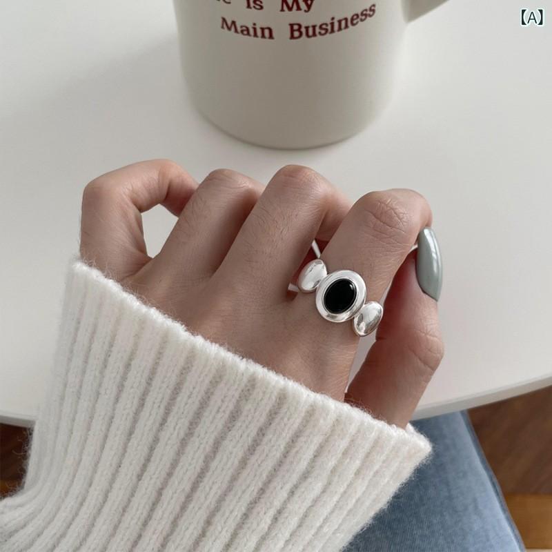 指輪 女性用 純銀 黒オニキス 開口 二重星 モチーフ シンプル デザイン クール スタイル ファッション アクセサリー デイリー コーディネート 洗練