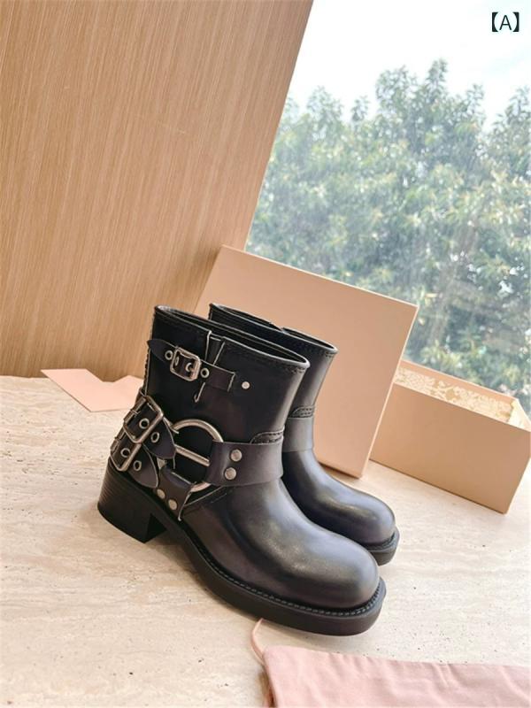ショートブーツ 女性用 レトロ デニム メタル ベルトバックル ミドルヒール 春夏 上品 筒型 デザイン トレンド カジュアル 普段使い 軽量 伸縮性