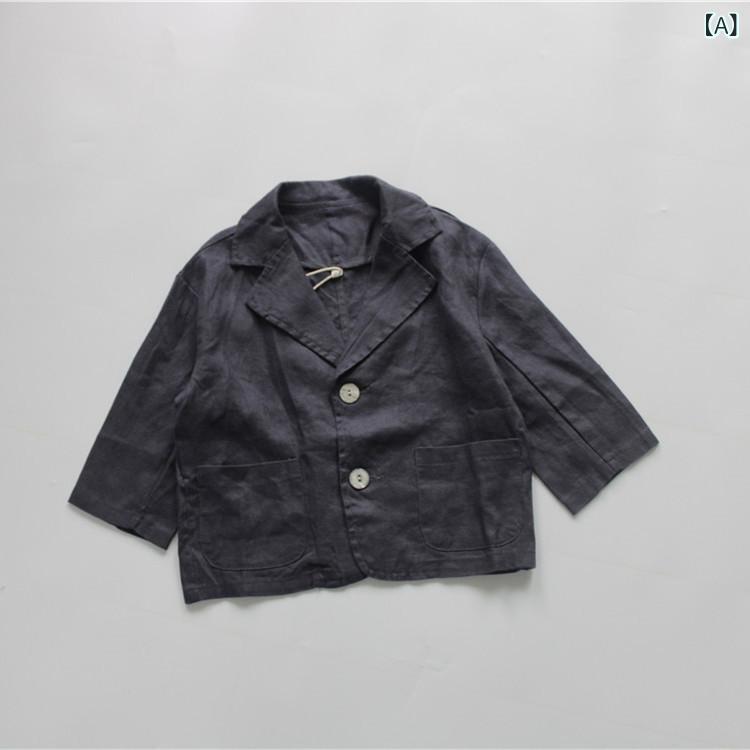 キッズ 春 上着 無地 男の子 西服 スーツ ゆったり 女の子 麻 トップス リネン 軽量 伸縮性 通学用 普段使い 吸湿速乾 シンプル デザイン