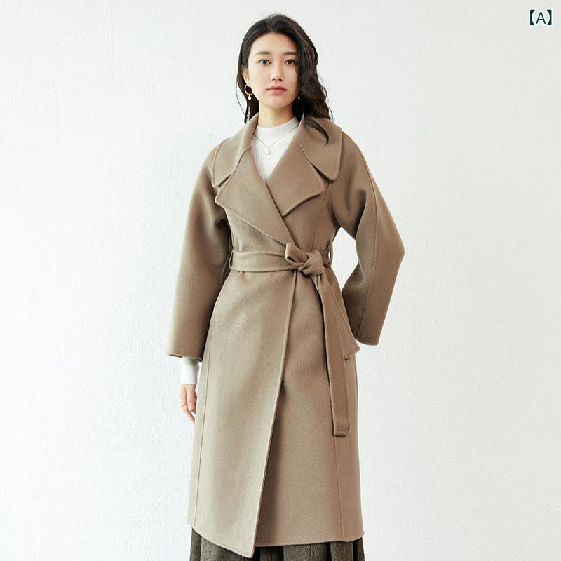 コート レディース 秋冬 中長丈 ダブルフェイス ウール 羊毛 カシミヤ混 スーツカラー ベルト付き アウター 暖か スタイリッシュ