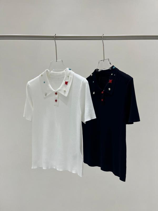 レディース ポロシャツ 海洋モチーフ 手作りビーズ刺繍 カジュアル 通勤用 接触冷感 ニット トップス 夏 軽量 吸湿速乾 ビッグシルエット