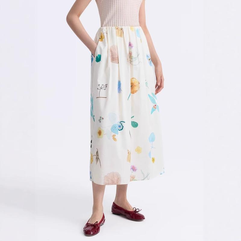 スコート レディース A生産ライン MIDI丈 水彩画花柄 刷り上げる 絹綿混紡 たまり場 御休み 夏用 軽さ 涼感 通い 普段使い走り 黒いこと サクラ色系 象牙色