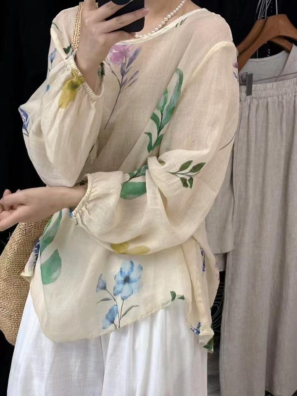 レディース 夏 トップス ルーラル地域 花柄 麻原料品 レトロ 吸い付ける的 ゆったり 丸首 通い 日常使い走り 好いたらしい 口さかしい 軽さ 吸湿速乾