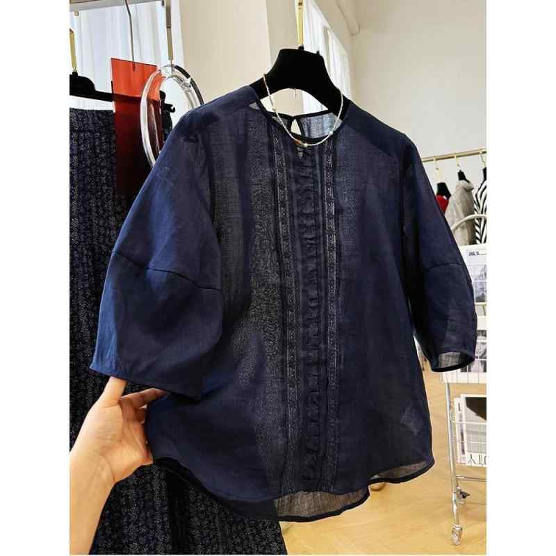 レディース ラウンドネック 短袖 シャツ 夏 薄手 フレンチスタイル ニッチ ファッション 気質 かわいい トップス 軽量 吸湿速乾 通勤用 普段使い