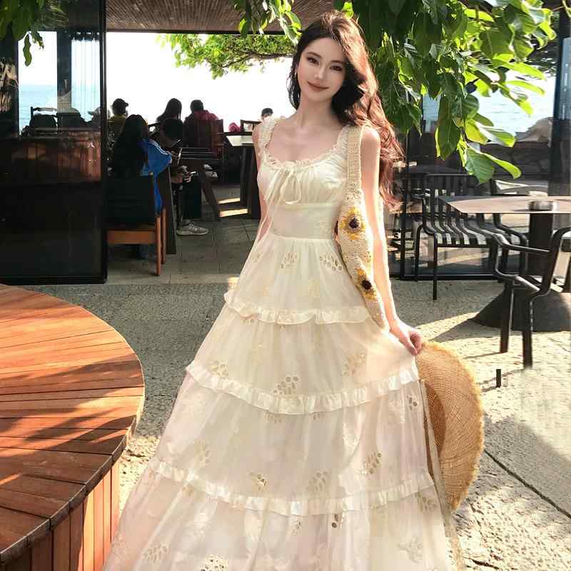 ワンピース レディース 夏 ビーチリゾート 透け感 ストラップ Aライン ロング ウエストマーク フェミニン ガーリー 軽やか 涼しい 女性らしい シルエット 6,894円