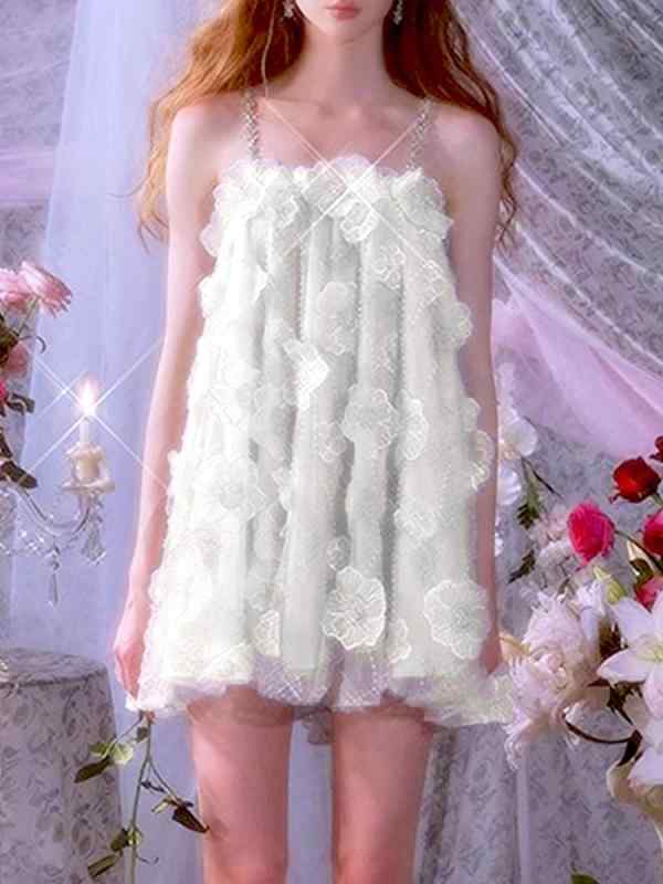 レディース 衣装 白 妃殿下 チュール ビーズ 立体花 吊帯 春夏 ミニお召しもの 御前上等感 ガーリー 女子らしい スピード競技産業 口さかしい