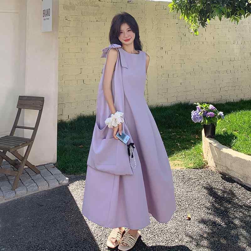 衣裳 レディース ノースリーブ ロング御召しもの ピンクパープル 愛くるしげ ローマン的  溜まり場表現スタイル 夏用 若押し出し 口さかしい 太陽面爆発影ぼうし