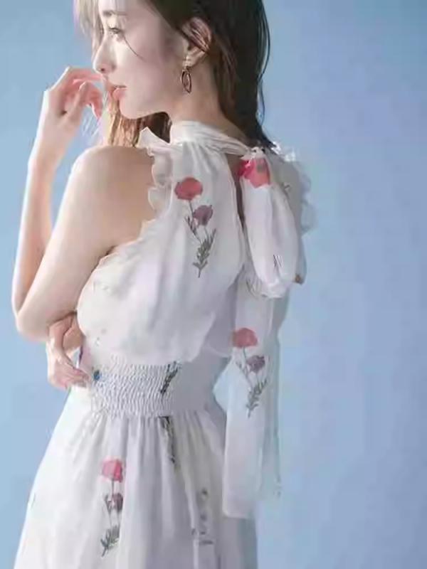ワンピース レディース 夏 日系 かわいい 優雅 スタンドカラー 無袖 花柄 プリント リボン ボウタイ シースルー 透け感 軽やか フェミニン 膝丈 フレア スカート コットン 混 綿素材 通勤 デート 普段使い
