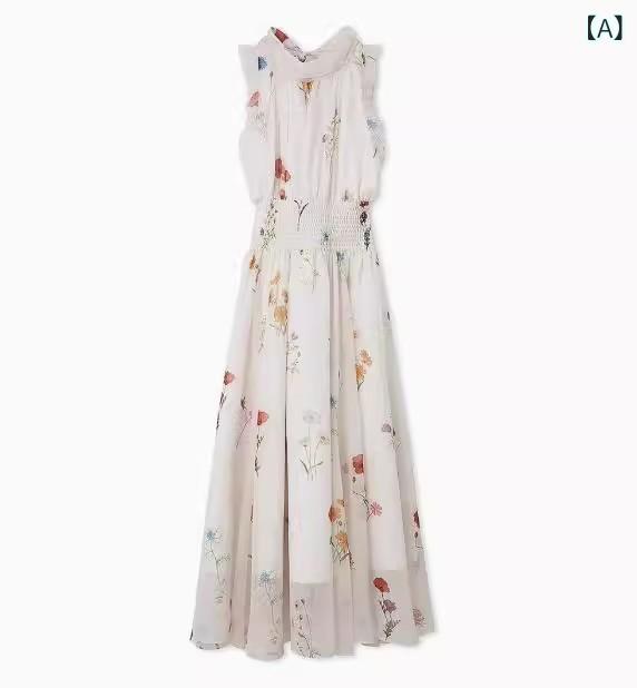 ワンピース 夏用 レディース ノースリーブ 立襟 花柄 シースルー リボン 蝶結 かわいい エレガント 軽量 伸縮性 通勤用 普段使い ピンク系 アイボリー|LAONsChoice