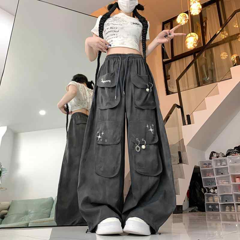 レディース 夏用 ジャズダンス ワイドレッグ 裾絞り スポーツパンツ 金属アクセサリー 大ポケット カーゴデザイン ストリートスタイル 伸縮性 吸湿速乾 カジュアル