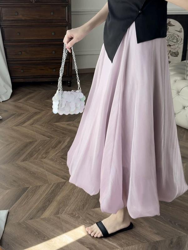 スカート レディース 春夏 Aライン ミディ丈 パープル サテン ドレープ 光沢 フェミニン カジュアル 滑らか 軽やか 普段使い