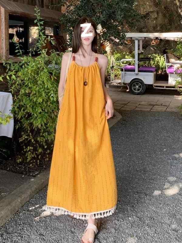 夏 レディース ワンピース イエロー フリンジ キャミソール ロングドレス 高級感 かわいい ビーチ リゾート バカンス ゆったり シルエット デザイン