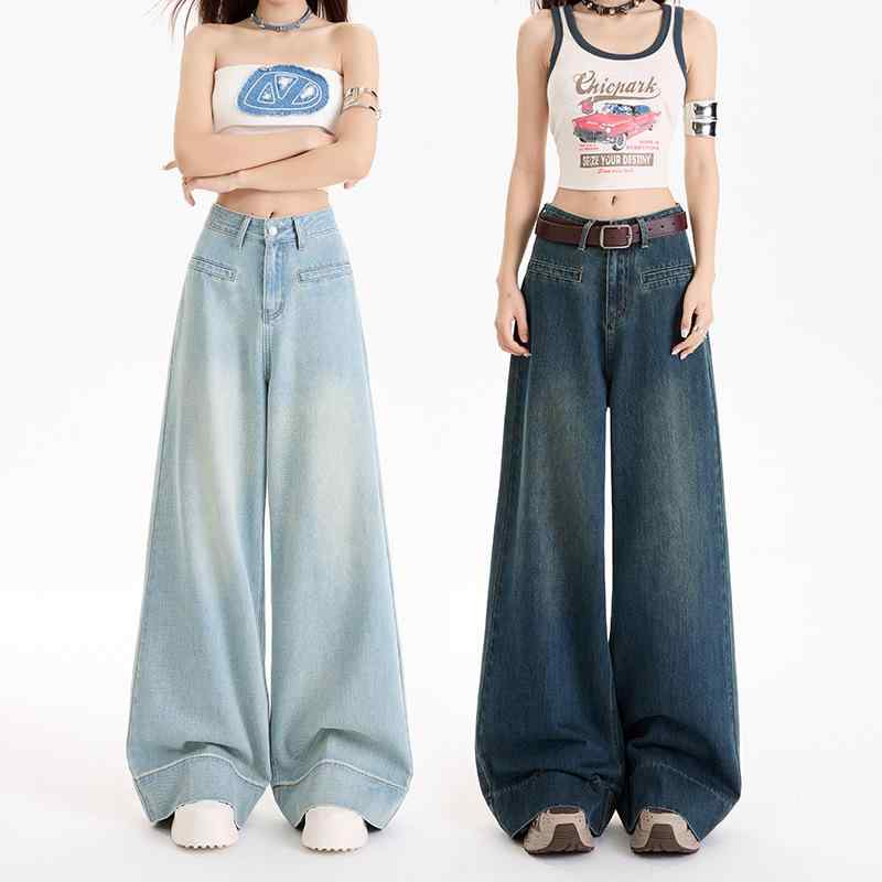 レディース パンツ デニム ハイウエスト ワイドレッグ レトロ アメリカンスタイル 前開きポケット ドレープ感 シンプル ベーシック ロング丈 スリム効果 カジュアル 普段使い 伸縮性