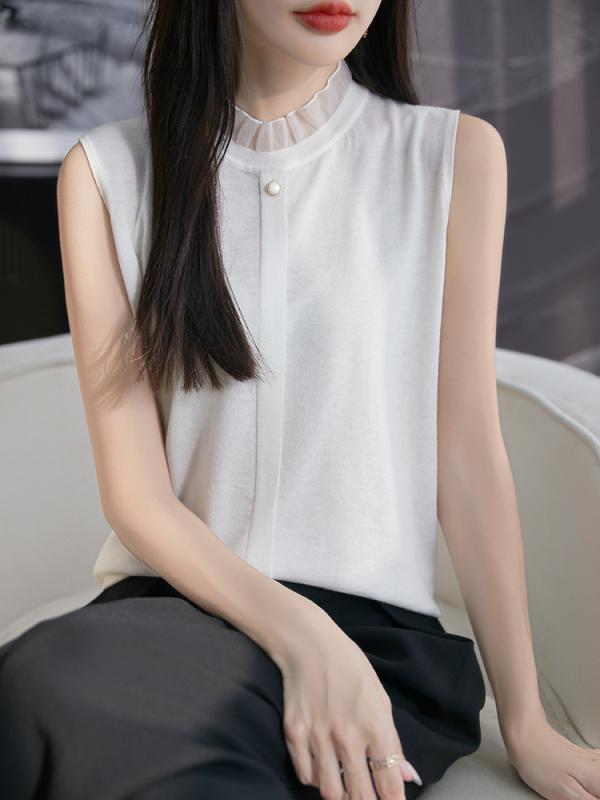 春夏 レディース ノースリーブ ニット インナー シャツ スタンドカラー オーガンジー レース ウール 混 フリル エッジ トップス 軽量 吸湿速乾 女性用 レイヤード