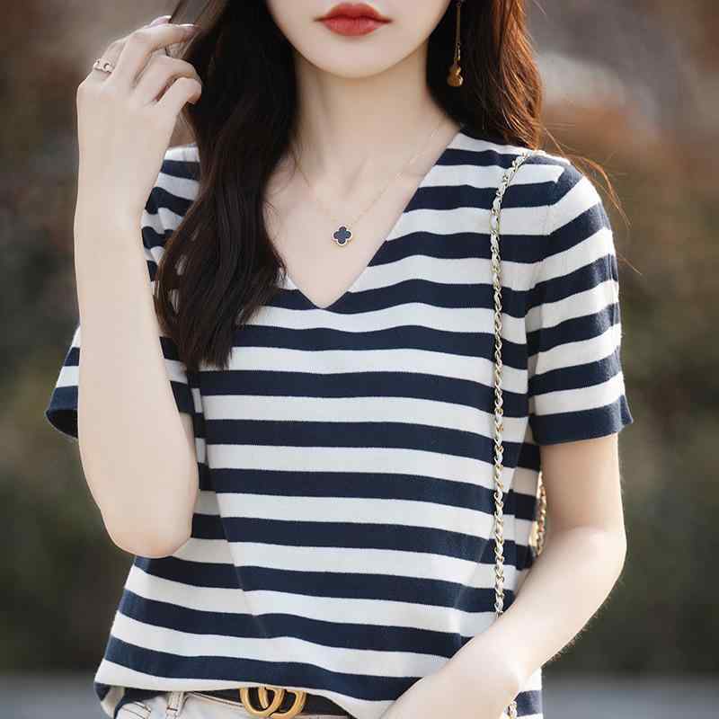 春夏 レディース Vネック 短袖 コットン ニット Tシャツ ストライプ 切り替え トップス インナー カジュアル 普段使い 吸湿速乾 柔らかい 素材