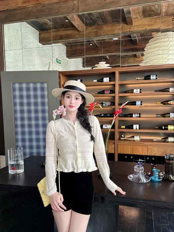 レディース 編み物ジレー 夏 薄っぺら 羊毛 スピード競技 フラウンス 長袖 か細い相応う 透け クロシェ  心地好い トップス