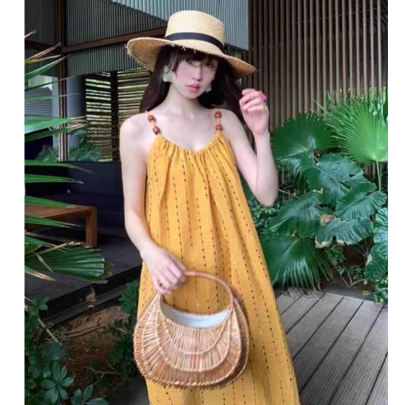 ワンピース 女性用 イエロー 肩紐 ビーズ フリンジ 吊帯 ドレス 夏 ビーチ リゾート ゆったり ロング スリム効果 軽量 涼しい