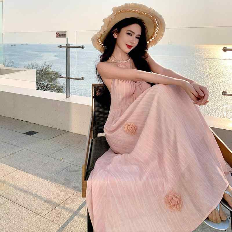 レディース 夏用 さくら色系 花柄 キャミワンピース ロング丈 砂浜 たまり場 女子らしい ガーリー 口さかしい