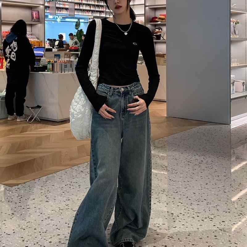 レディース デニムパンツ ゆったりワイドレッグ ロング丈 ウォッシュド加工 レトロスタイル カジュアル 普段使い ストレッチ コットン混 ビッグシルエット
