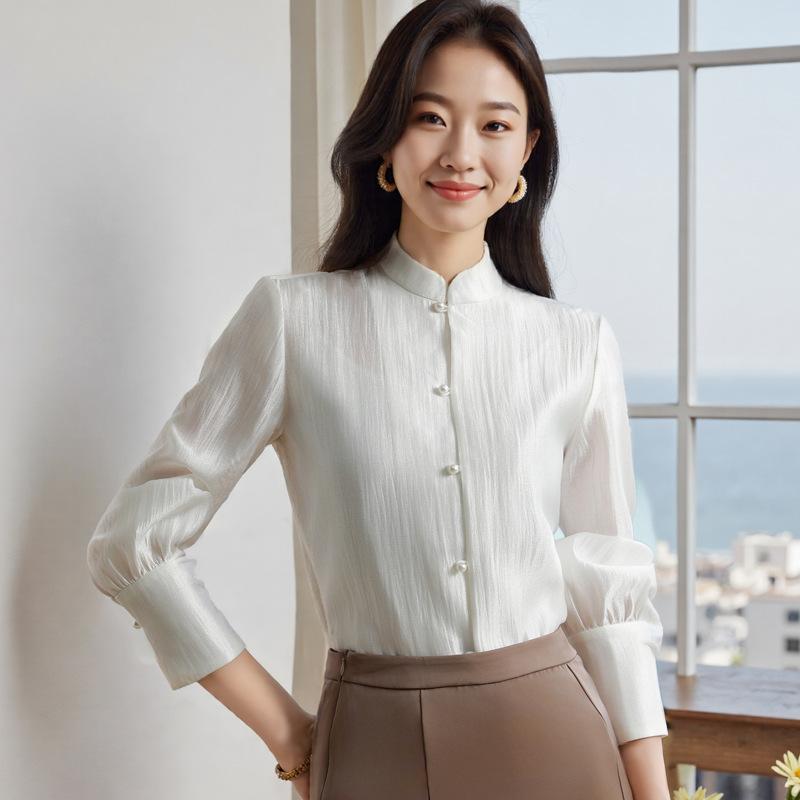 レディース 中国 ブラウス 白色 アセテート シースルー 薄手 透け感 軽量 トップス ストレートショルダー 女性用 上衣