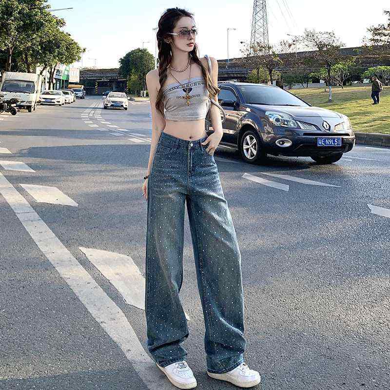 デニムパンツ レディース ラインストーン ワイドレッグ ビッグシルエット ストレート 秋 超柔軟 ルーズ 快適 スリム 滑らか デニム カジュアル 普段使い
