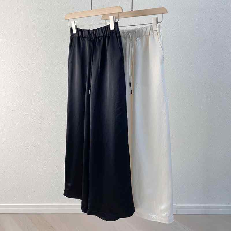 レディース ワイドレッグパンツ アセテート素材 ドレープ感 伸縮ウエスト ストレートシルエット ゆったり 落ち感 軽量 カジュアル ボトムス 普段使い