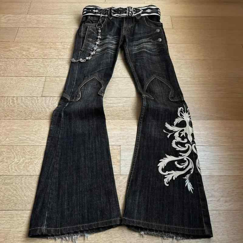 デニムパンツ メンズ レディース パンク フレア 刺繍加工 ウォッシュ加工 ダークカラー カジュアル ストリート コットン素材 ロング丈 ユニセックス ビッグシルエット 伸縮性