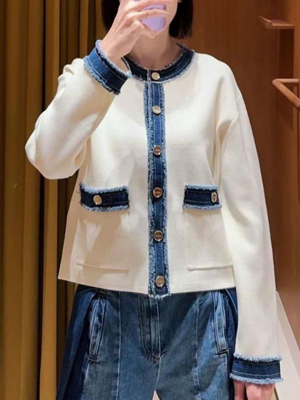 カーディガン レディース 長袖 クルーネック デニム 切り替え ニット トップス 春 エレガント デザイン セーター スタイリッシュ フェミニン 普段使い