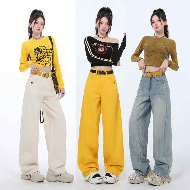 レディース デニムパンツ ハイウエスト ワイドレッグ ストレート ゆったり V字カット リラックススタイル ストリート カジュアル 普段使い デニム素材 ルーズシルエット