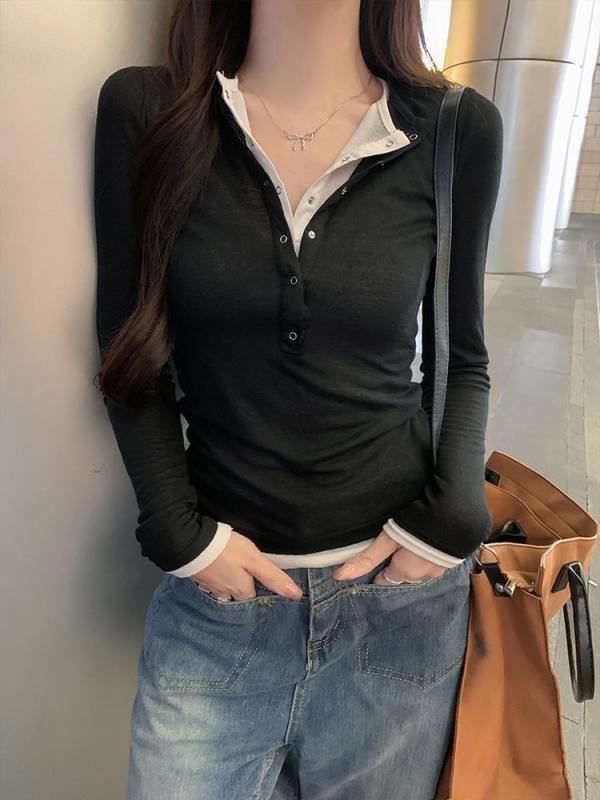 レディース 長袖Tシャツ 春夏 大きめサイズ ぽっちゃり対応 肉隠し 痩せ見せ インナー フェイクツーピース デザイン カジュアル 普段使い トップス 伸縮性 軽量