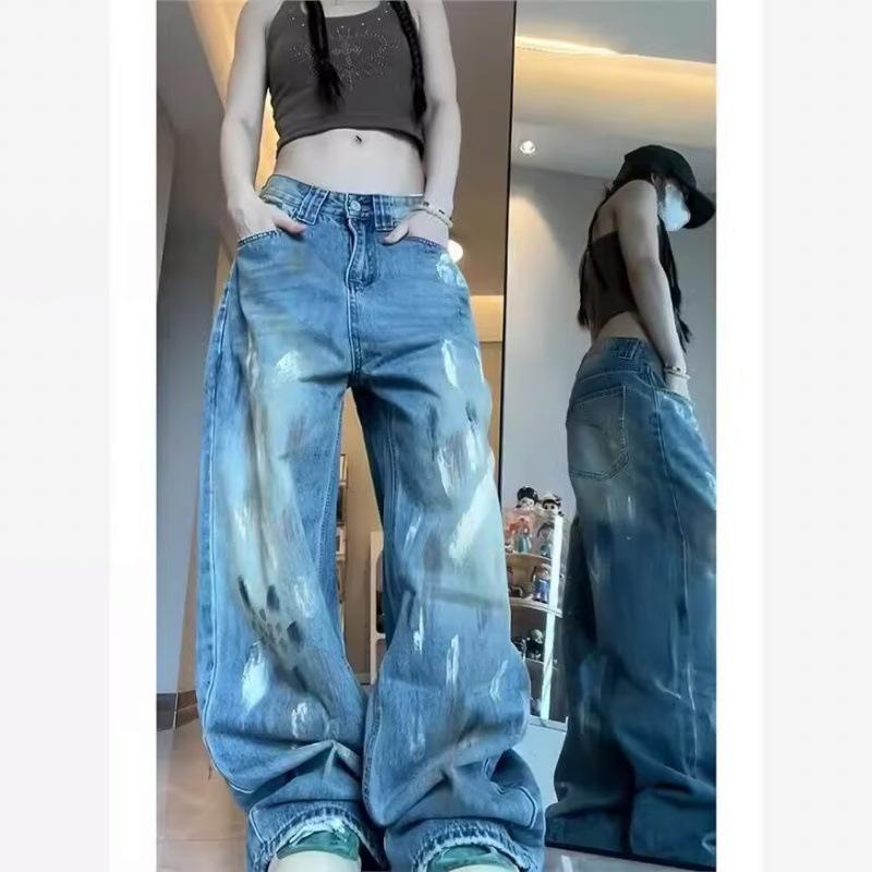 デニムパンツ レディース 春夏 ハイウエスト ワイドレッグ ストレート グラフィティ柄 ウォッシュ加工 スリム 韓国 デザイン カジュアル 普段使い コットン素材 伸縮性