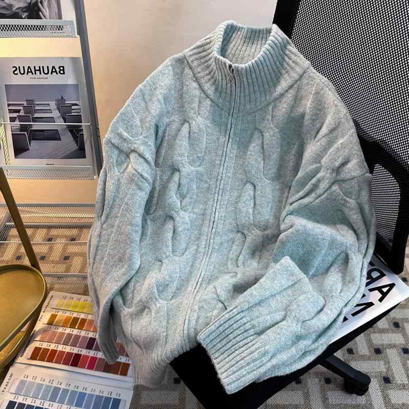 ニットカーディガン メンズ 秋 ゆったり スタンドカラー ケーブル編み 厚手 ニットトップス コート ルーズスタイル ウール調 暖かみ レイヤード コーディネート 普段使い