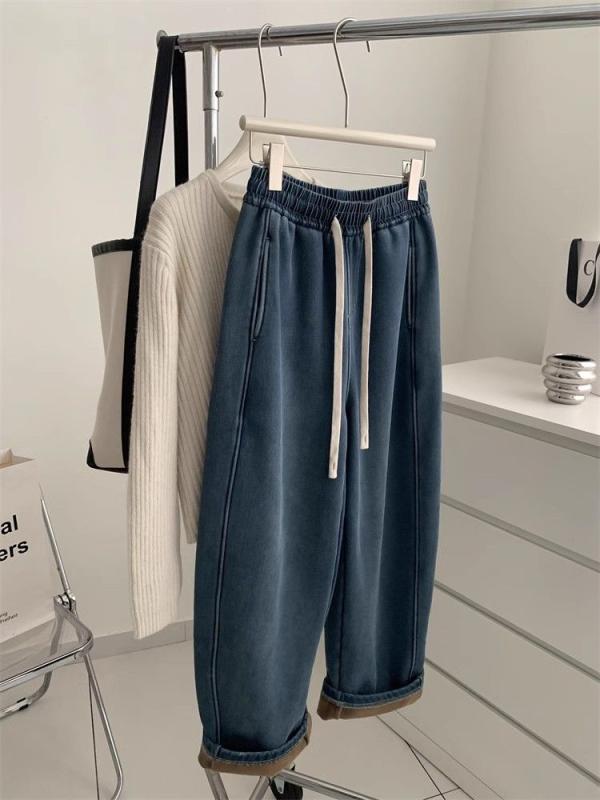 ワイドパンツ レディース デニム ブルー 秋冬 暖か フリースライニング シンプル レトロ 切り替え ストレートレッグ 普段使い 綿混 軽量 伸縮性 4,748円