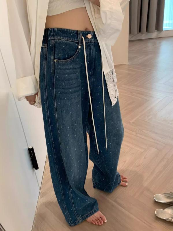 レディース ワイドレッグ デニムパンツ レトロ ポルカドット ゴムウエスト ゆったり ストレート カジュアル 普段使い スリム効果 ボトムス ズボン