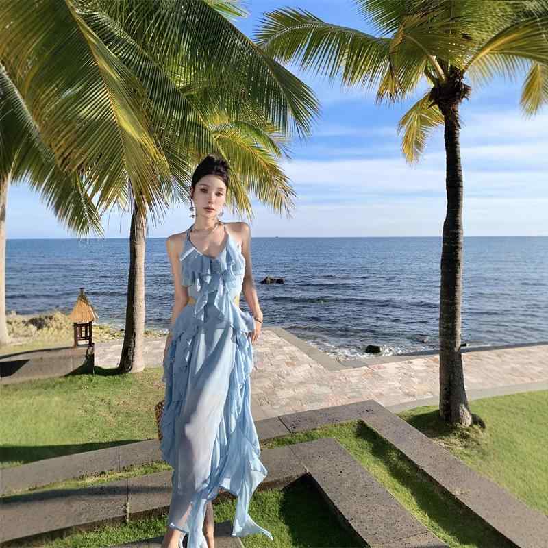 夏 レディース 色っぽい 吊り紐 衣裳 砂浜 御休み ロング 御召しもの 側面 腰見せ フラウンス スコート 非対称 ヘムライン ラッフル 境界線