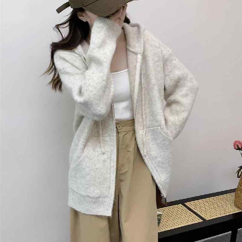 レディース 秋冬 ボンネット付き添い人 ジレー パーカー ゆったり 編み物 ティーシャツ ファスナー アウター 心地好い 単色 伸び伸びする 表現スタイル 韓国 優しいこと 花の冠yd 普段使い