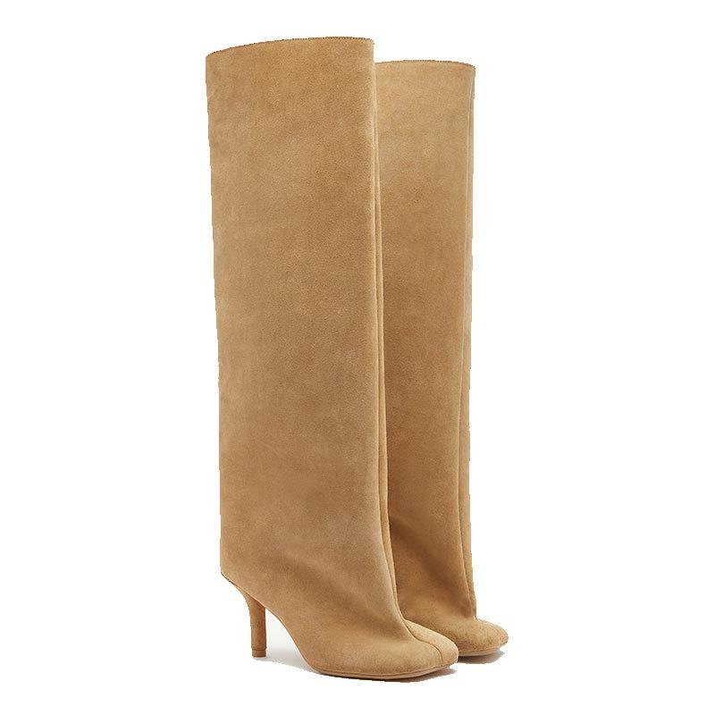 レディース 秋冬 スエードクロス 膝丈 ブーツ スクエアトゥ 細踵 うつり変わり 引っ切り無い 分かりやすい ハイヒール 大きめ大いさ 雅びやか 今めかしい