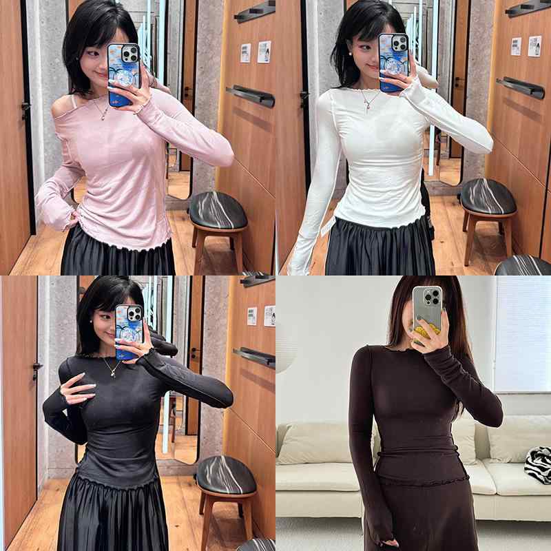 レディース 長袖 ヘンリーネック Tシャツ タイトフィット フリル ウェーブエッジ インナートップス 伸縮性 ボディコン ベースレイヤー 女性用 トップス フィット感 日常使い